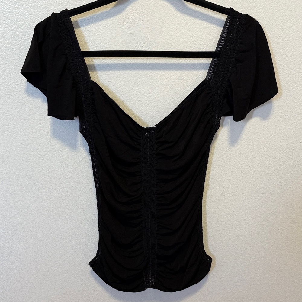 Vintage Kookai Black Ruched top with Lace Inlaid Detail